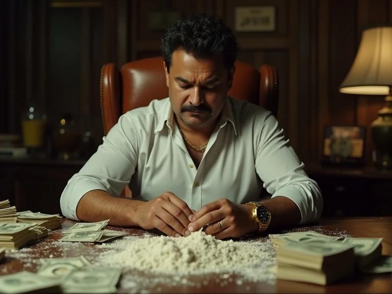 Man sitting behind a desk in a leather chair. Desk messy with flour and money. Serious expression while counting money. Styled like a 1980s Latin American kingpin with wide-collar shirt and gold watch. Dimly lit retro office with shadows and vintage decor.