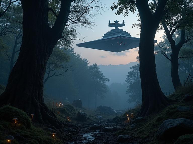 A photorealistic representation of a twilight forest scene. Dark trees exhibit twists and moss. Glowing mushrooms illuminate the forest ground emitting a soft light. An aerial view zooms through the canopy into the night. Mysterious ancient ruins with symbols appear amidst the undergrowth. A Star Destroyer hovers above the trees at the scene's end creating a sense of looming threat and mystery.