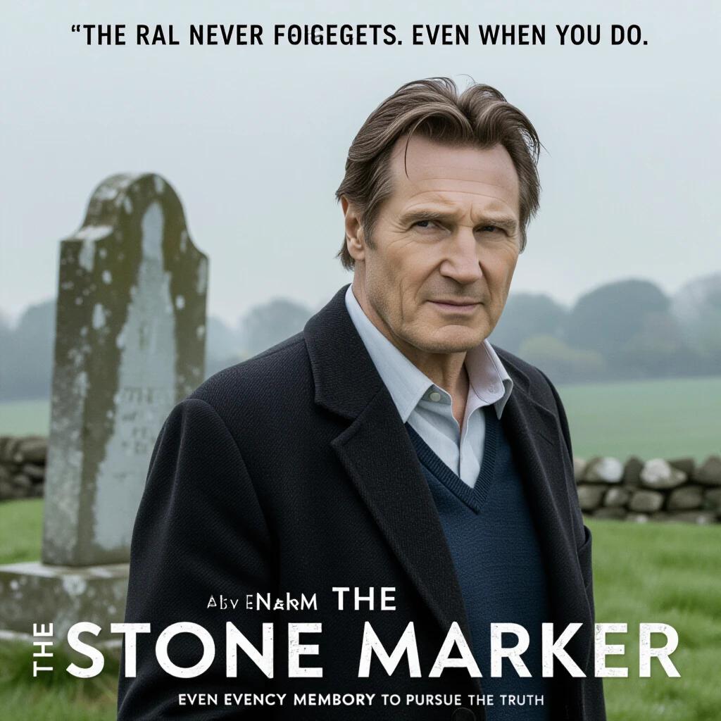 A retired detective portrayed by Liam Neeson stands solemnly in front of a gravestone. The poster features a dark, moody environment suggesting mystery and depth. The title 'THE STONE MARKER' is prominently displayed alongside a haunting tagline about the past. The overall tone captures the emotional weight of unresolved issues.
