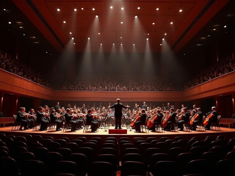 An orchestra performing in concert hall. Chairs on stage are filled with logos of major AI companies. Conductor leads the musicians. Audience watches attentively in the background.