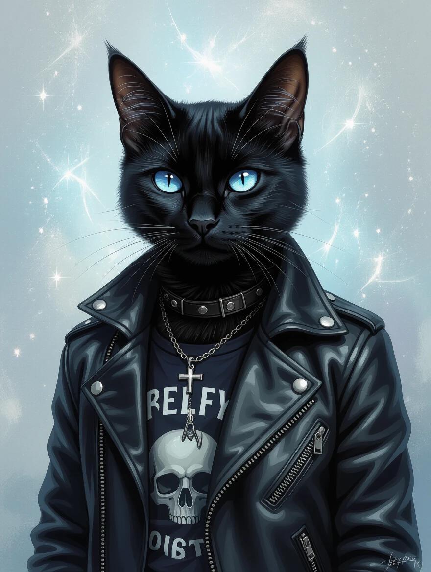 Ethereal fantasy concept art showcases a cool black cat wearing a leather jacket and a band t-shirt. The cat has striking blue eyes. Background displays a celestial theme with gentle stars and a magical aura. The overall feel is painterly and majestic.
