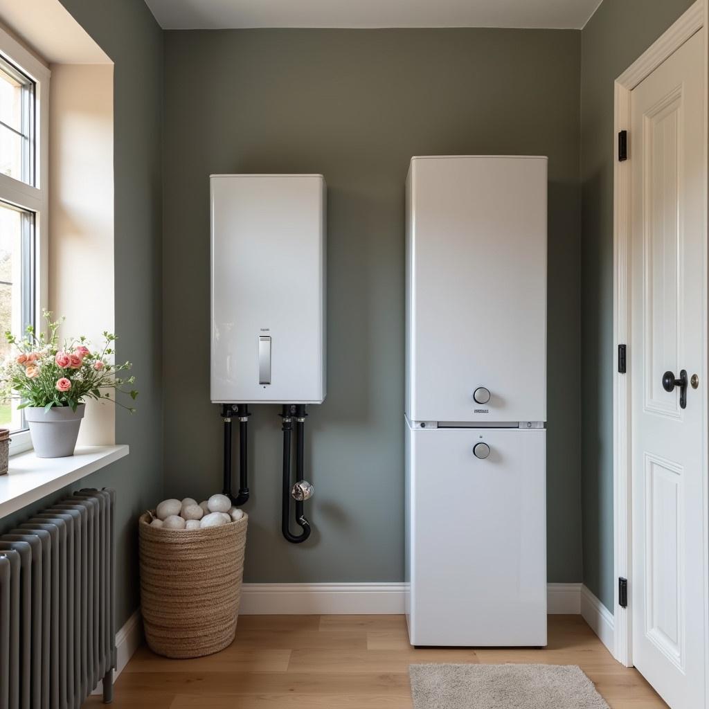 A modern UK home features a new boiler. Display a happy homeowner beside the boiler.