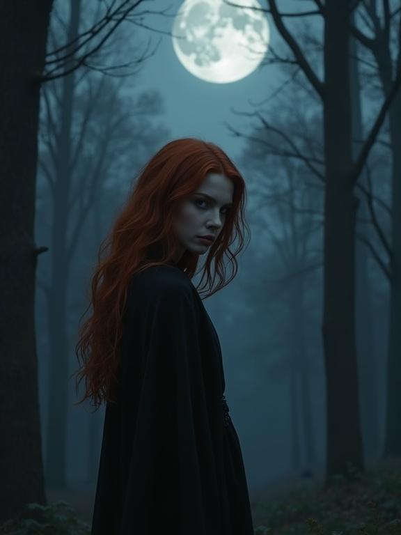 A girl with red hair in a dark forest. She looks back at the viewer, head lowered. She wears a long dark robe. It's night with a large moon illuminating the scene. Hyper-realistic portrayal with backlighting in a dark atmosphere.