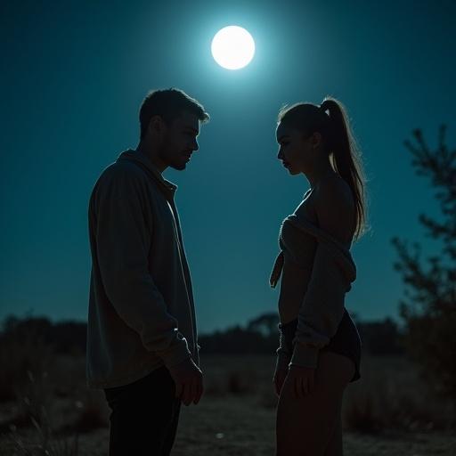 Dual portrait of transformation scene under bright full moon. Left side shows Michael in colorful mismatched attire. Right side features Quinn in stretched clothes against a darker background. Dramatic moonlit lighting enhances the portrait. Observing figure in the background.