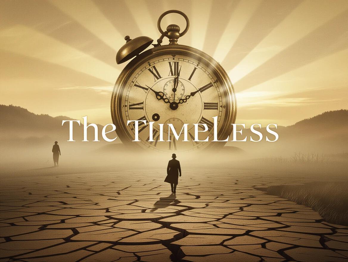 Cinematic vintage banner for YouTube channel named The Timeless. Sepia-toned surreal landscape featured. An ancient clock melts into the sky. A silhouette walks into fog on cracked earth. Warm antique color palette presents nostalgic vibes. Words The Timeless displayed in elegant serif font glow softly centered. The image evokes nostalgia mystery passage of time. Ultra wide format includes soft light rays and a slightly grainy texture mimicking old film.