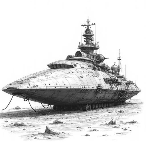 Detailed black and white line drawing of a very large terrestrial vehicle or spaceship. Heavy transport or mobile fortress type. Rounded shape at the front. Upper structure resembles a control tower. Large cylindrical modules on the lower sides. Many mechanical details, hatches, vents, pipes, and small turrets. Resting on rocky ground. Clear line style with minimal shading.