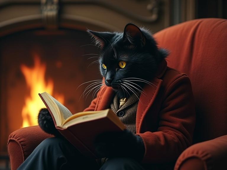 Realistic rendering of a young humanoid black kitten holding a book while sitting in an old armchair by a fireplace wearing a three-piece suit and smoking a cigar.