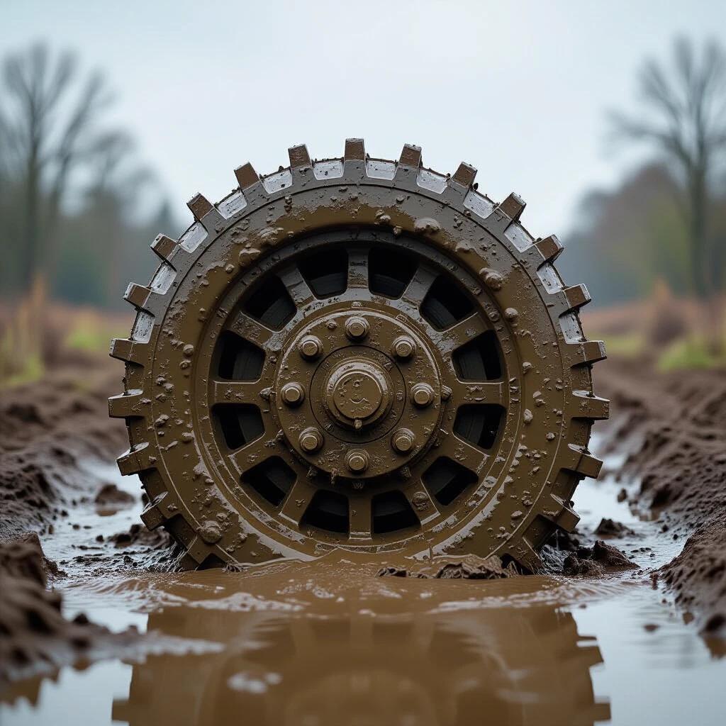 Close-up view of ZIL-157 differential grinding through mud. Steel gears exposed through torn cover. Muddy water spray visible on the lens. Industrial macro photo