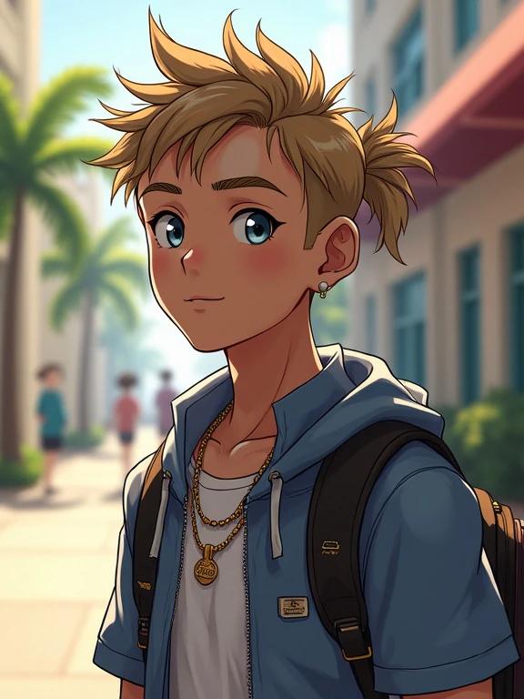 Anime character depicted in a Miami private school setting. Young male teen, approximately 14 years old. He has spiky light brown hair styled in a ponytail. Dressed in a high tech private school uniform. Wearing expensive jewelry and sunglasses. Appearance is muscular with defined abs. Scene captures a bright morning with palm trees. Other students in the background. Gucci backpack on his back.