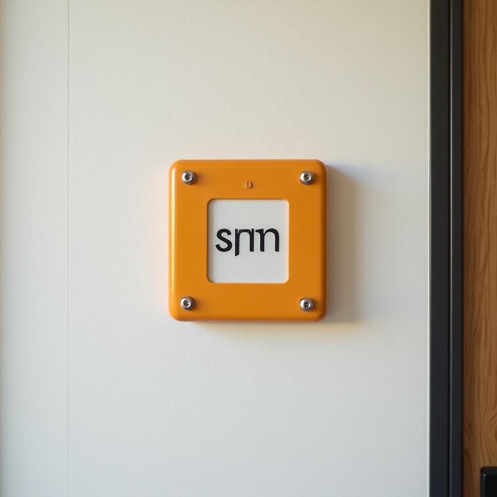 Simple wall tag with the text 'smn'. The tag is orange with a white background and is attached to a wall. Features visible screws at the corners.