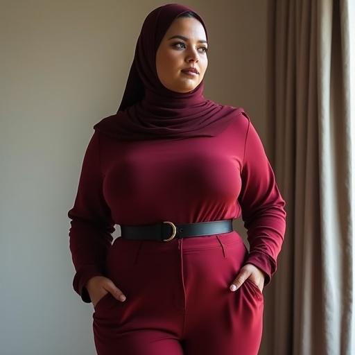 A confident curvy plus-size hijabi model dressed in a luxurious office outfit featuring skin-tight pants and a fitted long-sleeve top. The model has a stylish hijab framing her face and maintains full modesty. The setting is a bedroom environment.