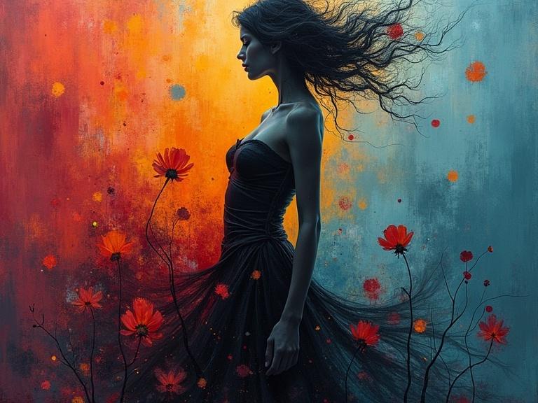 Abstract interpretation showcasing a woman with a moody color palette. Vibrant colors and gradients represent a wild aesthetic. Reflects emotion and grit in an abstract expressionist style. The composition is perfect and abstract.