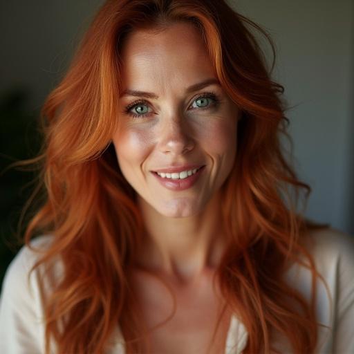 Portrait of a tall woman with red hair and blue eyes standing in a long field. Emphasis on her height and femininity. Soft natural colors enhance the beauty.