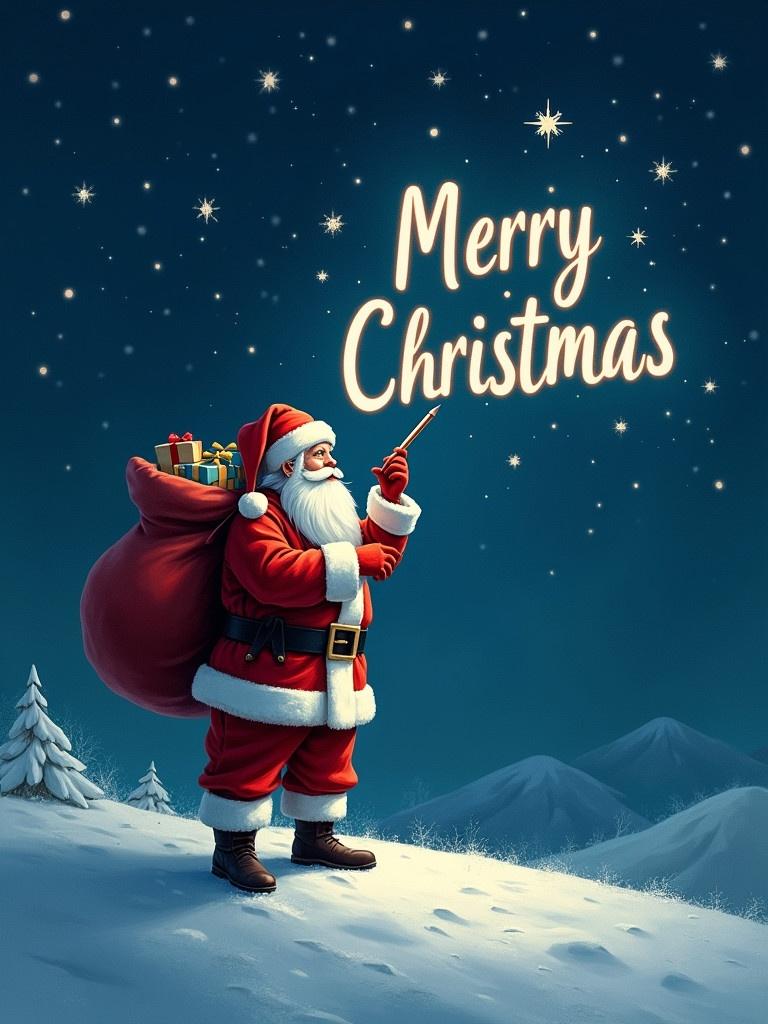 Santa Claus stands on a snowy hill at night. He is writing Merry Christmas in the sky. A large sack of gifts is on his back. Twinkling stars illuminate the scene. Traditional red and white suit is worn by Santa.