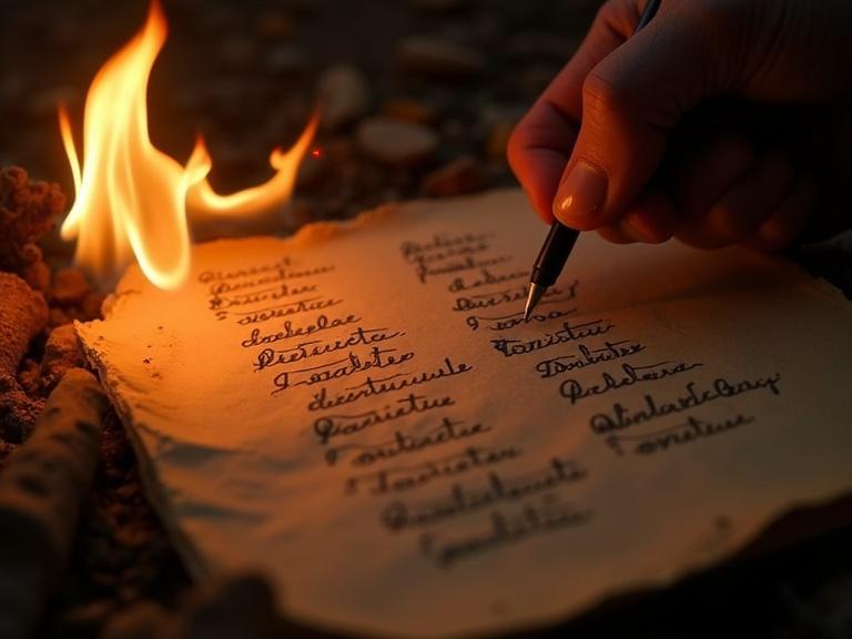 Close-up view of a handwritten list on old paper, being thrown into fire. Only hand visible. Paper burns slowly with fading words. Camera angle is top-down. Fire texture visible. Focused light on combustion point. Dark background with no distractions.