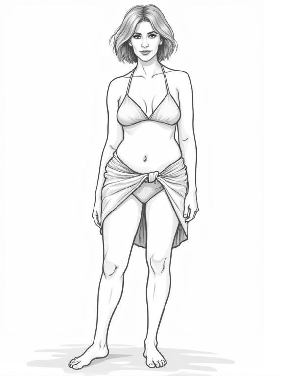 Vector illustration features a mature woman with short hair standing confidently in a bikini paired with a sarong that is knotted at the waist. The artwork is outlined in black and white detailing the body shape. Design for promotional or artistic uses.