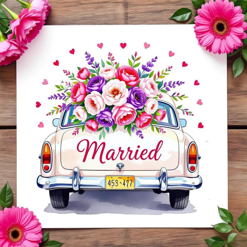 Charming watercolor illustration of a vintage sedan with a trunk full of flowers. Large vibrant bouquet in pink, purple and white colors. Word "Married" in a stylish font on the back. Small hearts around the word. Playful romantic wedding theme.