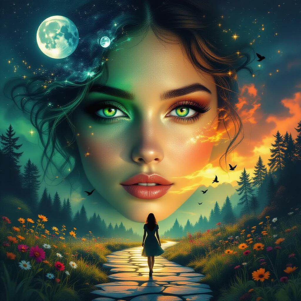 Surreal portrait of a woman with a dreamy landscape. Double exposure style. Face split between green and orange. Oversized eye. Woman silhouette walking on glowing path. Floating birds and wildflowers. Celestial background with moons. Fantasy forest elements in skin texture. Painterly textures and glowing outlines. Dramatic lighting creates a moody atmosphere. Highly detailed.