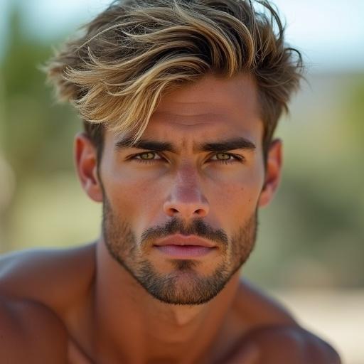 Professional medium close-up hyper-realistic image of a muscular young man in his 20s in an outdoor setting. His tousled golden-blonde hair and tan skin create a striking look. The background is softly blurred to focus on his sharp facial features, including high cheekbones, defined jawline, and deep-set eyes. He exudes confidence and charm with a powerful physique and a captivating gaze.