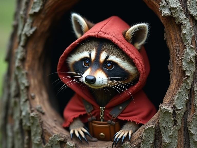 A raccoon with big ears and a smile peeking out from a hole in an old oak tree. The raccoon wears a worn red hooded cloak with frayed edges and tiny leather straps. The animal looks curiously out of the hole, showcasing its fine fur and small blue button eyes with whiskers.