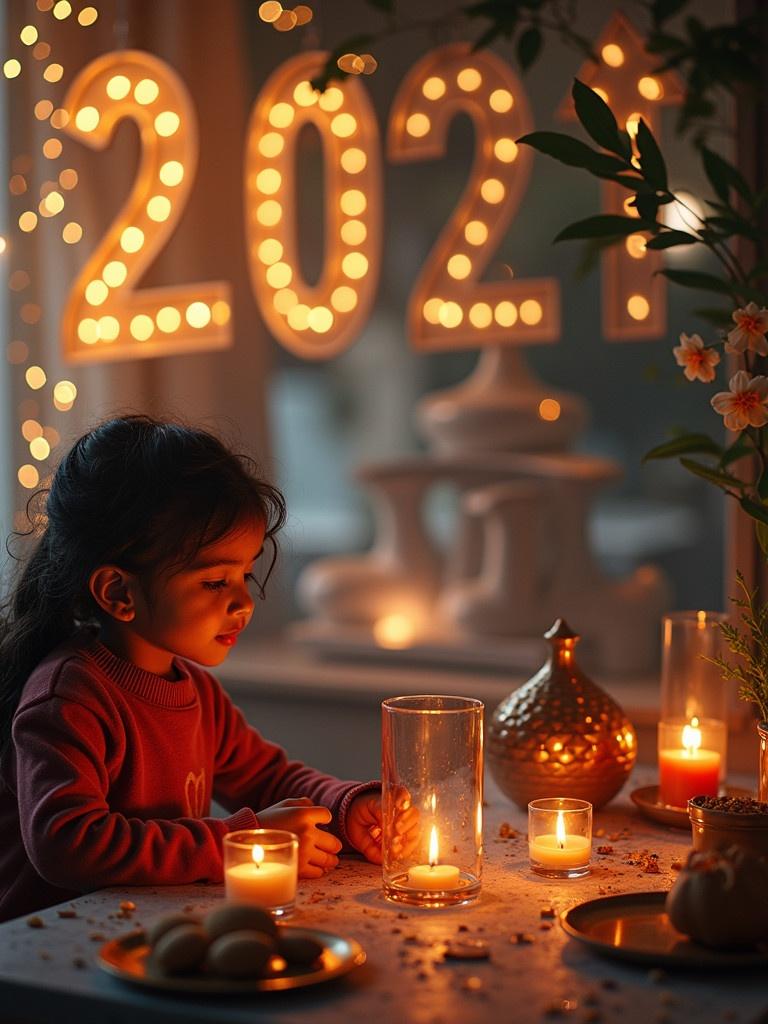 Scene capturing a New Year's celebration with warm candlelight. Table is decorated with candles and ornaments. Background has illuminated numbers '2021'. Overall atmosphere is cozy and festive.