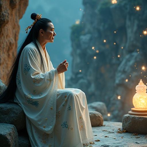 An elderly wizard sits in a twilight-lit mountain sanctuary. Surrounded by floating scrolls and glowing crystals. Yang Guifei stands beside him in a high fantasy style. She wears an ethereal hanfu infused with magical threads. Shimmering silk floats around her, embroidered with phoenix and starlight patterns. Her long black hair has jade and golden accessories that emit light. Divine and timeless atmosphere. Highly detailed and photorealistic.