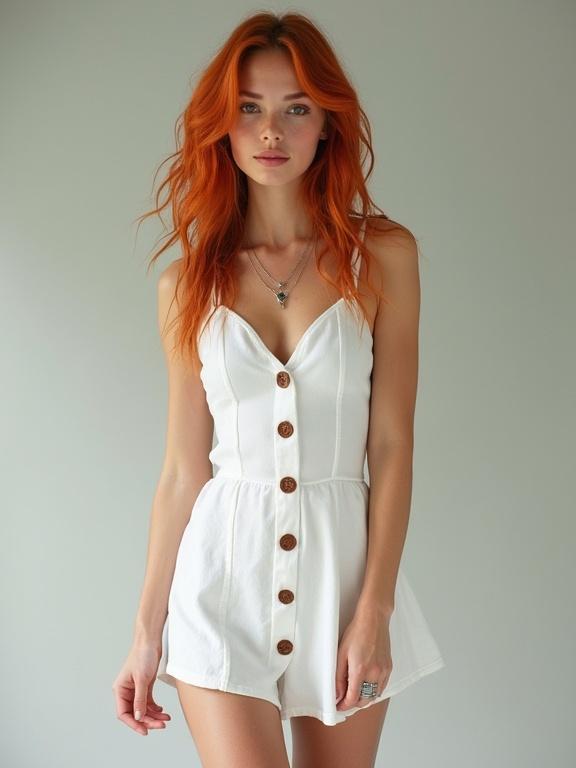 Full body view of a young woman wearing a white summer minidress. The woman has red wavy hair and poses against a neutral background.