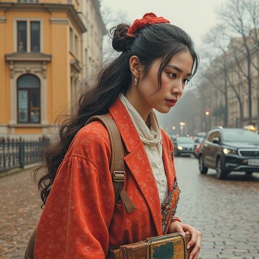 Portrait of a young woman in traditional attire experiencing strong emotions in an urban setting. Soft lighting enhances her features as she showcases a deep emotional connection. The focus is on her expressive face and cultural garments.