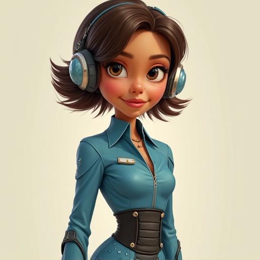 Young woman in futuristic nurse uniform with headphones. Hyper-realistic illustration in Pixar style.