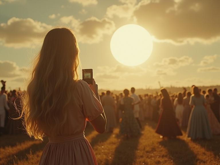 A sixteen-year-old girl with long blonde hair in a vintage dress stands in a field. She is filming a large luminous sphere in the sky. A crowd of people watches the sphere. The setting is in Portugal during 1917. Warm golden light fills the scene.