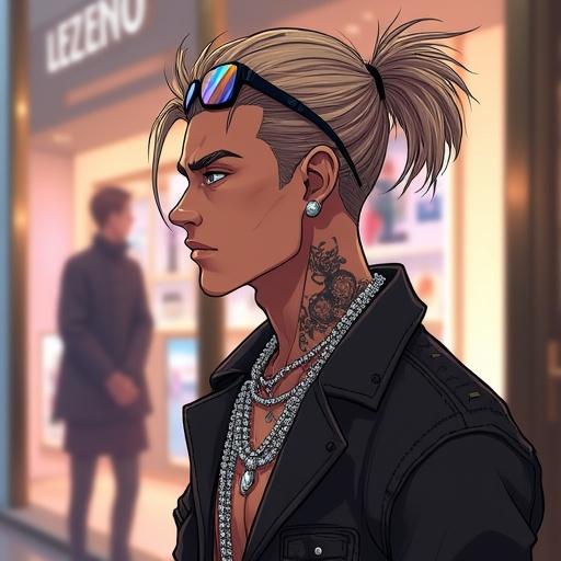 Anime character inside a modern luxury store. A man in hip hop streetwear with spiky hair and sunglasses. Displaying silver eyes, tattoos, and jewelry. Represents a stylish and muscular individual. The setting conveys opulence and modernity.