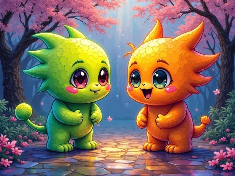 Charming chibi characters in a vibrant park. One character is lime green and the other is bright orange. They appear delighted and surprised as they meet. The background displays soft glowing lights and pink trees. Art features bright neon colors.