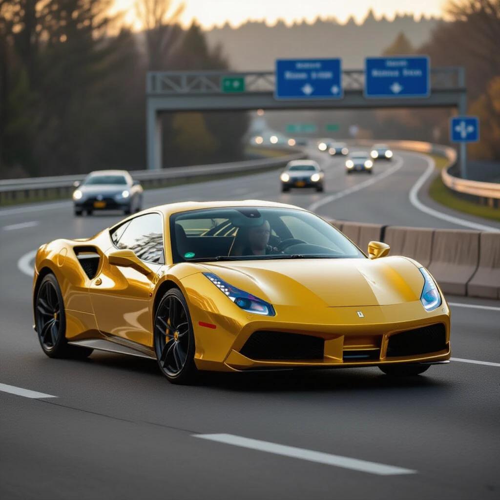 Golden Ferrari on a highway during golden hour with cars in background.
