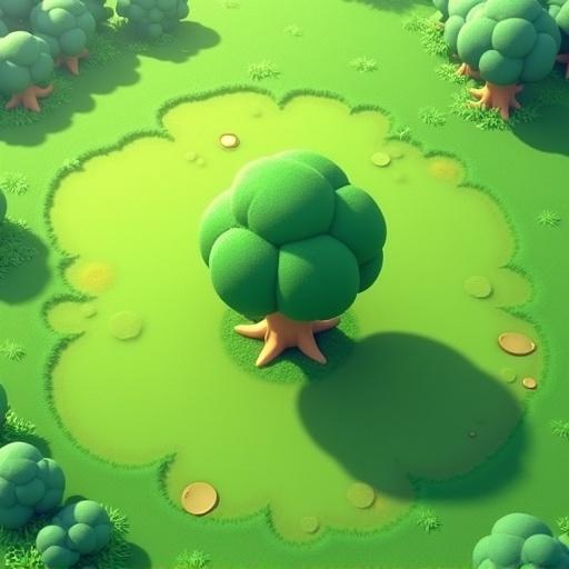 Aerial view of a grassy area. Single tree in the middle of a field. Visual style inspired by Super Mario Wonder or Super Mario 3D World. Soft and semi-realistic 3D lighting.