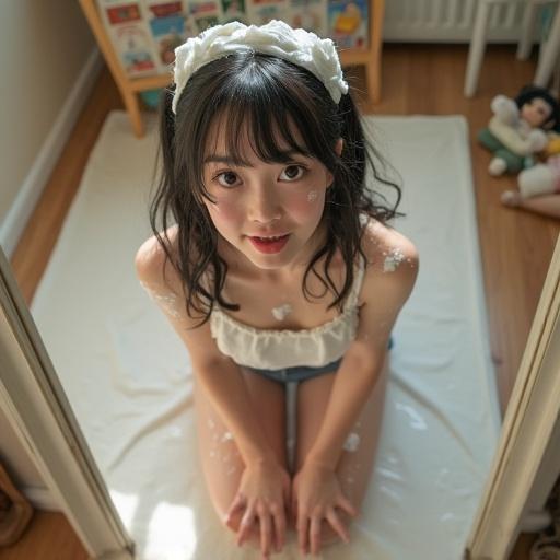 Photo taken in front of a mirror with an iPhone. A cute girl in a cosplay outfit. Snapshot using rear camera in a cute style room. Flash used resulted in motion blur and chaotic composition from top down. Whole body shows daily life mediocrity. Residual bath gel and water stains on body. Skin appears shiny with essential oil. Eyes hazy, cheeks rosy, open mouth with extended tongue, hands facing outward, focused on the camera.