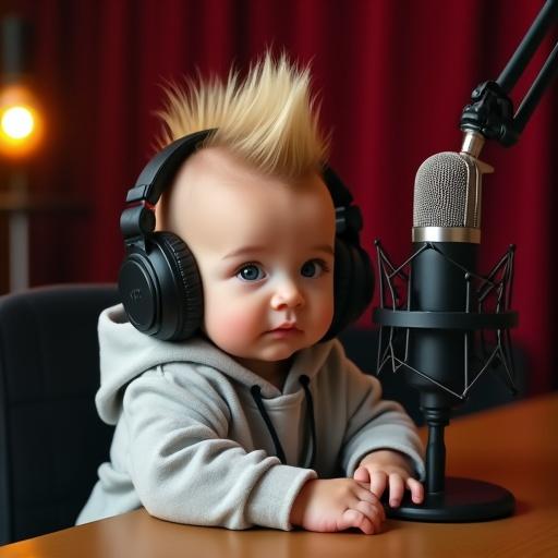 Photo-realistic portrait of a chubby-cheeked baby with a blonde mohawk wearing headphones. Baby sitting at a podcast desk with a microphone. Background features a retro radio studio with warm lighting and a burgundy curtain. Baby appears curious and wide-eyed.