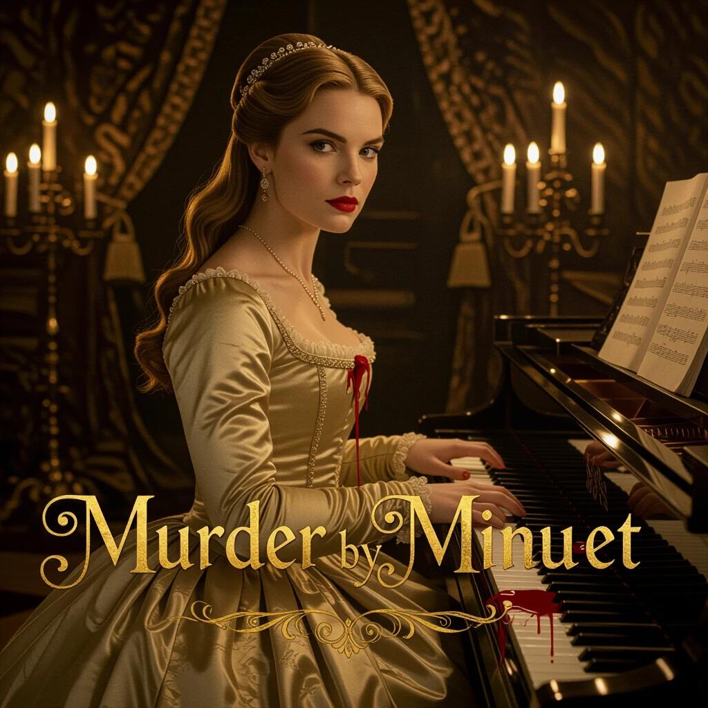 Movie poster for Murder By Minuet. Title in gilded gold texture written with Flourished classical serif. Anya Taylor-Joy plays harpsichord. Blood drips between the keys. Candlelight reflects on gown's satin folds. Dramatic baroque lighting with warm chiaroscuro tones.