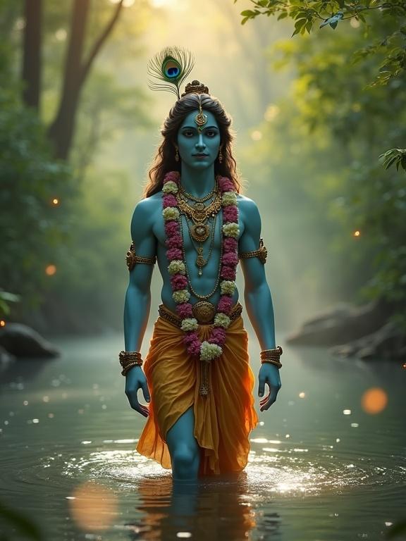 Lifelike and elegant portrayal of a divine figure inspired by Lord Krishna. The figure stands waist-deep in a tranquil forest river. Soft natural skin tone with subtle bluish undertones. Adorned with a peacock feather crown and golden jewelry. Fresh flower garland enhances appearance. Surrounded by lush greenery and warm diffused forest light. Gentle fireflies and mist create magical atmosphere.