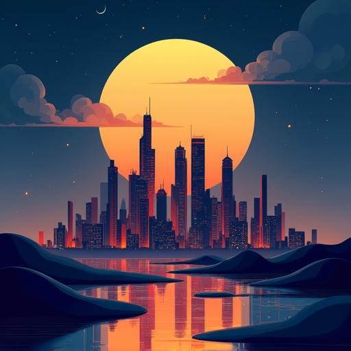 Geometric art featuring a futuristic city under a large moon. The scene includes a night city with vibrant colors and a balanced layout. 3D rendering showcases realistic textures and precise light effects. Sleek and minimal design creates a strong impression.