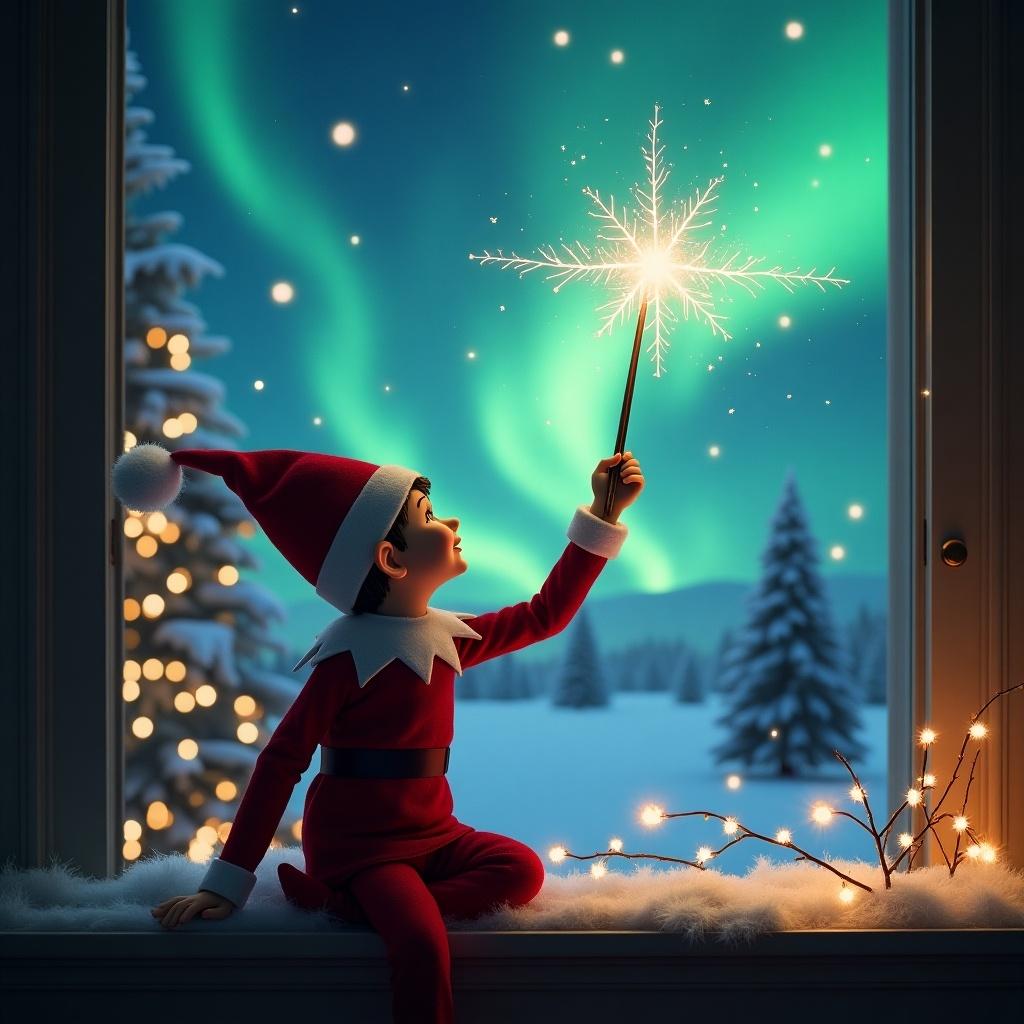 An elf sits by a window, facing the magical scene of a snowy Christmas night. The elf is wearing a traditional red outfit with a pointy hat. In one hand, the elf holds a wand that sparkles as it writes 'Elsie-Rose' in the sky. Outside, colorful Northern Lights dance over a winter landscape. Twinkling lights decorate the nearby tree, and glimpses of Santa can be seen in the background, creating a festive atmosphere.