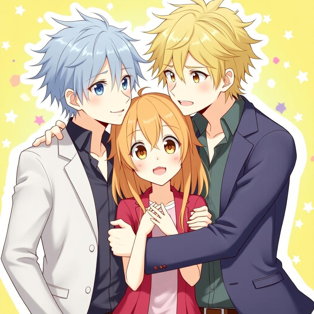 Two male cartoon anime characters appear, one taller than the other. A female cartoon character is in the middle, holding both males. All characters are in colorful attire.