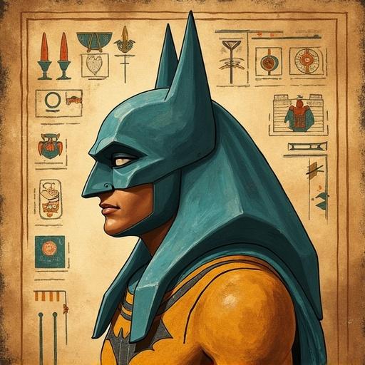 Depiction of Batman Arkham head in a style mimicking ancient Egyptian art. Features flat symbolic representations and hieroglyphic notations. Earthy colors dominate the palette with traditional side profiles.