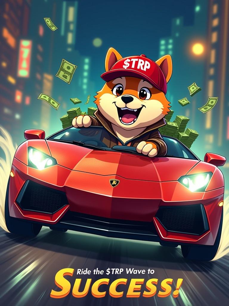 Excited Shiba dog cartoon character in luxurious leather jacket and red baseball cap $TRP drives shiny Lamborghini. Car in motion with glowing headlights. Shiba smiles confidently gripping the wheel. Stacks of green dollar bills fall around. Bills pile up in passenger seat. Vibrant cityscape at night with neon lights reflecting. Tagline reads 'Ride the $TRP Wave to Success!'