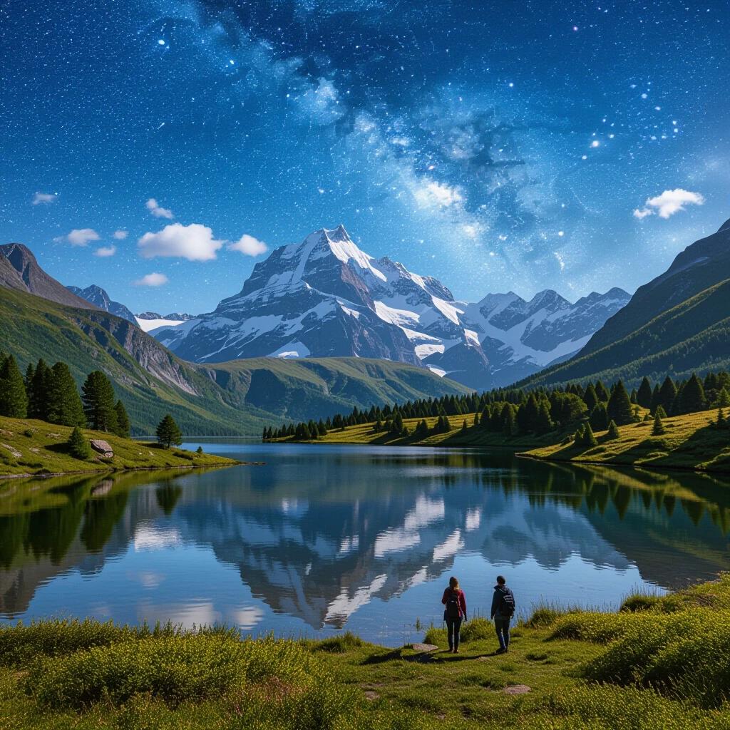 Scenic landscape featuring a serene pond surrounded by trees. In the background, majestic mountains with snow caps rise under a cosmic night sky. Lush meadows are in the foreground with dense forests nearby. The atmosphere is tranquil with a clear blue sky dotted with fluffy clouds. The vivid lake mirrors the sunlight. Two explorers stand gazing at the scenery.