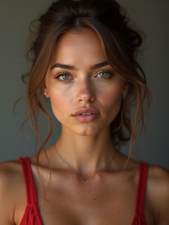 Portrait of a beautiful woman. She has captivating features and wears a red dress. The background is softly lit to enhance her elegance.