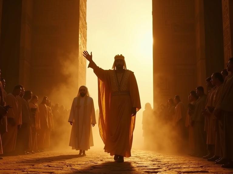 Medium shot of king in golden attire emerging from temple gate. High priest in white linen leads. Doctor in plain robe appears confused. Backlit silhouettes create atmosphere.