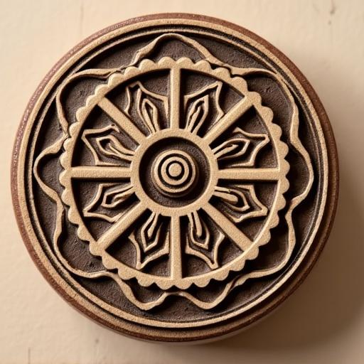 Wooden stamp shown from top view. Intricate design features floral patterns with circular details. The stamp has a textured surface showcasing craftsmanship. Natural colors add warmth to the image.