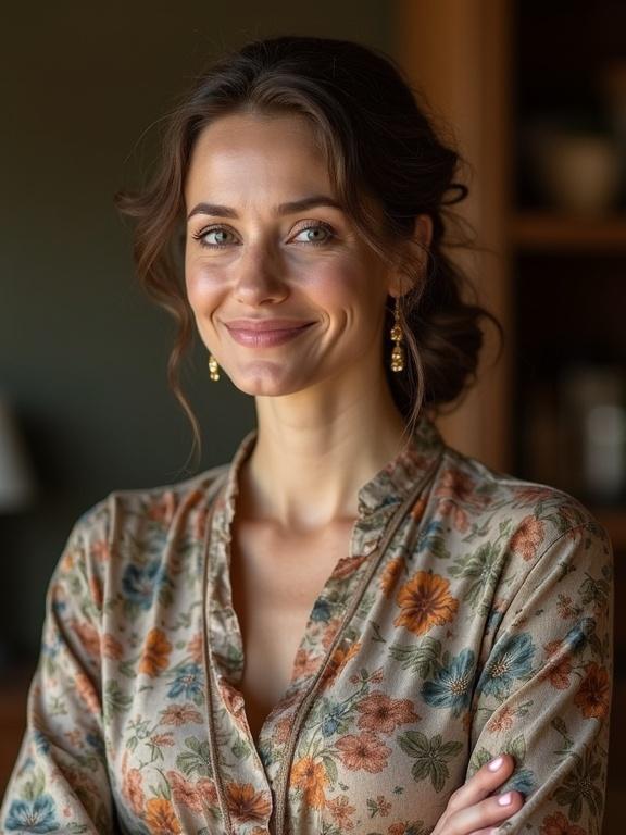 Mother dressed elegantly displaying a warm smile at home in a floral blouse.