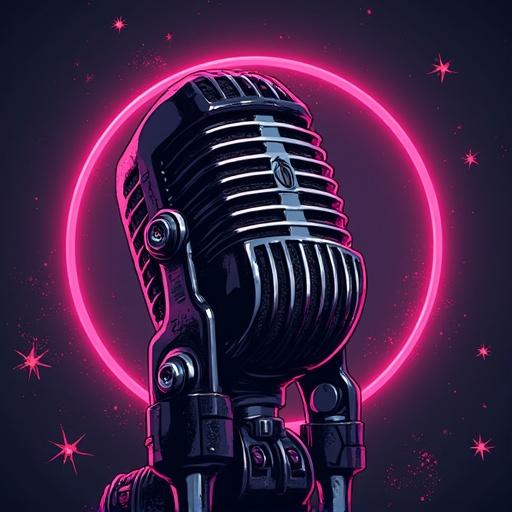 Logo for podcast Fora do Roteiro featuring a vintage microphone. Neon purple color scheme with a dynamic design. Elements include a glowing circular background that adds depth and style.