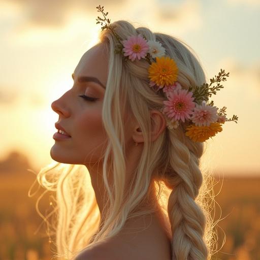Striking portrait of woman with long flowing platinum blonde hair adorned with intricate braids colorful delicate flowers. She stands in the sun full body.